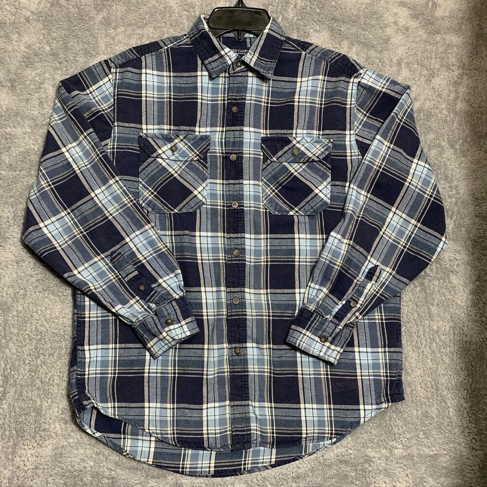 Faded Glory Button Up Flannel Shirt Mens Size Medium Dark Navy Plaid